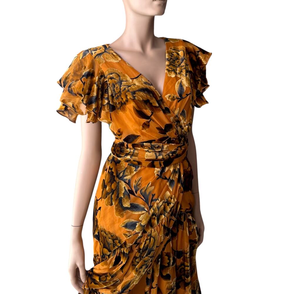 Hutch Zola Velvet Maxi Dress Gold Floral Burnout Wrap Romantic Anthropologie - Picture 9 of 14